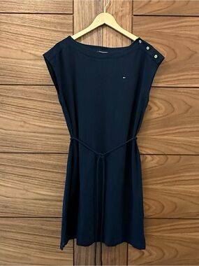 Tommy Hilfiger Navy Midi Dress Boat Neck with Belt & Gold Buttons Women's Large